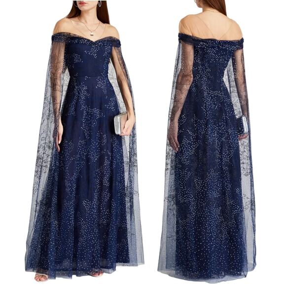 Marchesa Notte Tulle Overlay Cape Embellished Gown Blue Size 0 - Picture 1 of 11